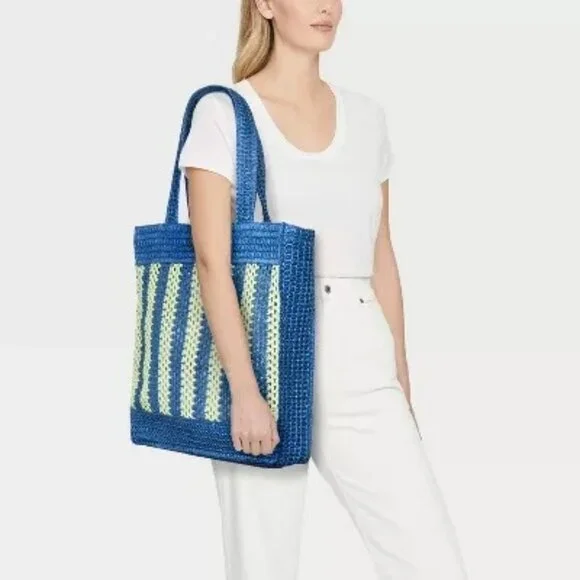 Universal Thread Crochet Woven Handbag Blue Green Tote Single Compartment - Picture 2 of 9